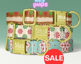 Gingerbread Dog Collar, Personalized, Christmas, Candy, Gingerbread Cookie Theme, Custom, Adjustable, Metal Buckle, with LEASH - KP-110