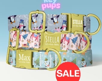 Christmas Dog Collar Leash Set with Free Personalized Engraved Pet Name, Penguins, Reindeer, Female, Small Medium Large - KP-91