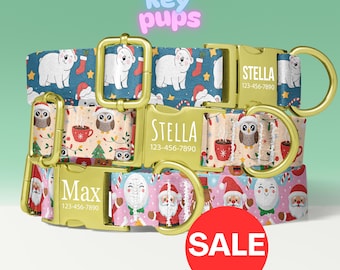 Cute Christmas Dog Collar Leash Set with Free Personalized Engraved Pet Name, Polar Bear, Owl, Santa, Female, Small Medium Large - KP-96