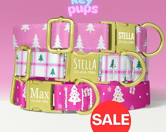 Pink Christmas Dog Collar Leash Set with Free Personalized Engraved Pet Name, Christmas Tree, Plaid, Female, Small Medium Large - KP-94