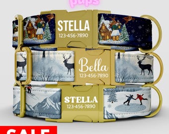 Christmas Dog Collar, Winter Snow Festive Reindeer Outdoor Theme, Personalized Custom Adjustable with Metal Buckle, with LEASH - KP-99