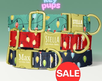 Christmas Lights Dog Collar, Personalized, Red, Green, Black, Garland Theme, Custom, Adjustable, Metal Buckle, with LEASH - KP-109