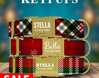 Christmas Plaid Dog Collar, Personalized, Custom, Adjustable, Metal Buckle, with LEASH - KP-103
