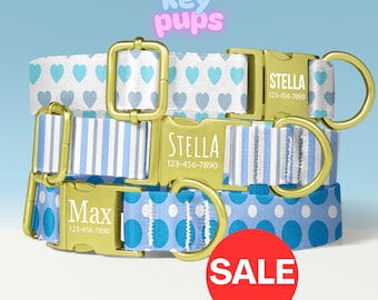 Winter Pattern Dog Collar Leash Set with Free Personalized Engraved Pet Name, White, Blue, Female, Small Medium Large - KP-90