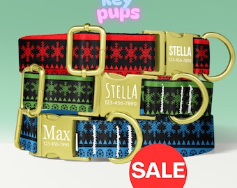Christmas Sweater Dog Collar Leash Set with Free Personalized Engraved Pet Name, Green, Red, Blue, Unisex, Small Medium Large - KP-89