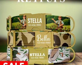 Duck Hunting Dog Collar, Camouflage, Ducks, Camo Theme, Boy Dog Collar Personalized Custom Adjustable with Metal Buckle, with LEASH - KP-101