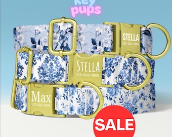 Blue Chinoiserie Dog Collar Leash Set with Free Personalized Engraved Pet Name, Spring Blossoms, Roses, Female, Small Medium Large - KP-81