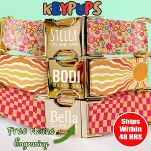Set collare e guinzaglio per cani retrò con nome personalizzato inciso gratuito, floreale, rosa, anni '60, giallo, femmina, piccola, media, grande - KP-74