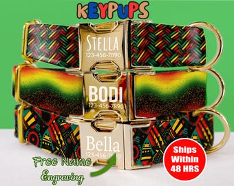 African Dog Collar Leash Set with Free Personalized Engraved Pet Name, Black History Month, Red, Yellow, Green Small Medium Large - KP-21