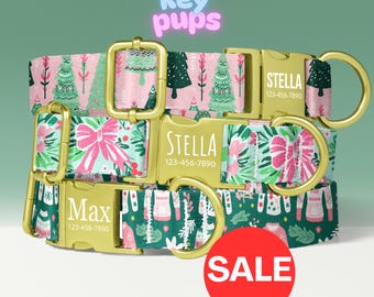 Preppy Christmas Dog Collar, Personalized, Pink Bows, Christmas Trees Theme, Custom, Adjustable, Metal Buckle, with LEASH - KP-108