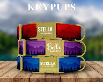 Mountain Dog Collar, Personalized, Red, Purple, Blue, Night Sky Mountain Theme, Custom, Adjustable, Metal Buckle, with LEASH - KP-111
