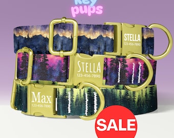 Aurora Dog Collar Leash Set with Free Personalized Engraved Pet Name Starry Winter Night Mountain Landscape,  Small Medium Large - KP-14