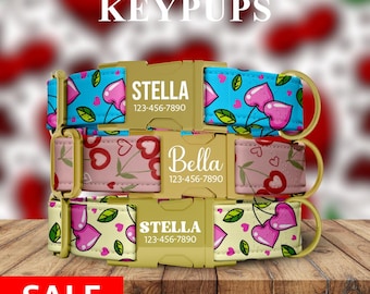 Valentines Day Dog Collar, Hearts, Cherries Theme, Girl Dog Collar Personalized Custom Adjustable with Metal Buckle, with LEASH - KP-113