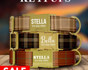 Brown Plaid Dog Collar, Red Dark Brown, Coffee, Unisex, Personalized Custom Adjustable Metal Buckle, with LEASH - KP-105