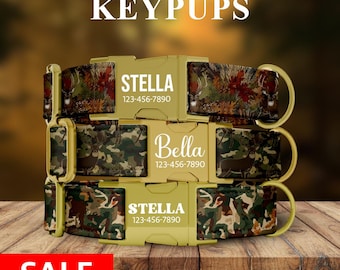 Deer Hunting Dog Collar, Camouflage, Deer, Camo Theme, Boy Dog Collar Personalized Custom Adjustable with Metal Buckle, with LEASH - KP-112