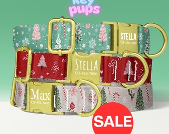 Candy Cane Dog Collar Leash Set with Free Personalized Engraved Pet Name, Christmas, Green, Red, White, Female, Small Medium Large - KP-88
