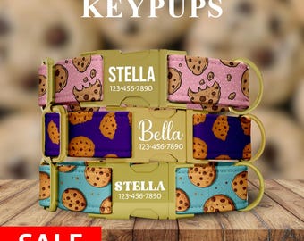 Cookie Dog Collar, Pink, Purple, Blue, Chocolate Chip Cookies Theme, Personalized Custom Adjustable with Metal Buckle, with LEASH - KP-114