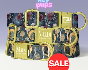 Moon Dog Collar Leash Set with Free Personalized Engraved Pet Name, Floral, Roses, Black, Moody, Full, Female, Small Medium Large - KP-86