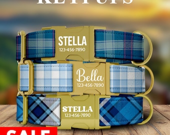 Blue Plaid Dog Collar, Blue, Navy, White, Unisex Dog Collar Personalized Custom Adjustable with Metal Buckle, with LEASH - KP-102