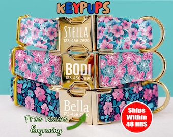 Spring Floral Dog Collar Leash Set with Free Personalized Engraved Pet Name, Pink, Cyan, Wedding, Female, Small Medium Large - KP-82