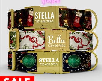 Christmas Dog Collar, Ornaments, Mistletoe, Festive, Stockings Theme, Personalized Custom Adjustable with Metal Buckle, with LEASH - KP-100