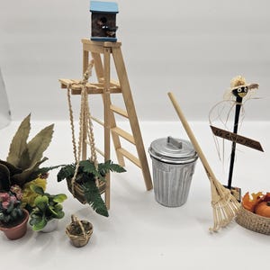 Dollhouse Miniature outdoor LOT including  ladder, rake plants,birdhouse and more