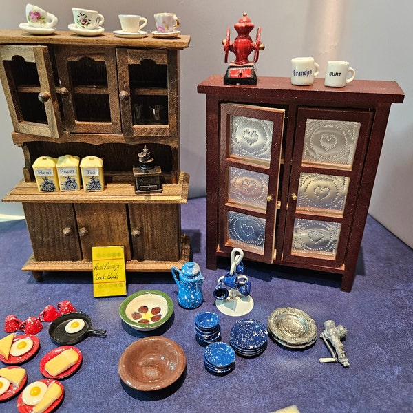 Dollhouse Miniature Kitchen, 1:12 scale, coffee cups,plates,bowls,furniture,canisters