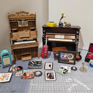 Dollhouse Miniature Musical instraments,Piano, Sheet Music,Elvis,Records,Guitar,Saxaphone, Radio and more, 1:12 scale