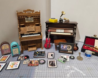 Dollhouse Miniature Musical instraments,Piano, Sheet Music,Elvis,Records,Guitar,Saxaphone, Radio and more, 1:12 scale