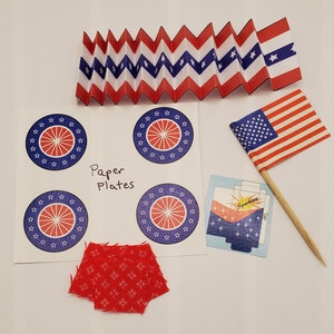 4th of July Miniatures, banner,plates,napkins,firework box kit,flag, dollhouse miniatures, 1/12 scale
