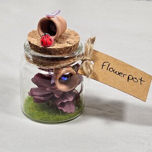 May include: A small glass jar with a cork stopper, containing a purple flower and green moss. A miniature terracotta flower pot and a red ladybird sit atop the cork. A brown tag reads "Flowerpot".