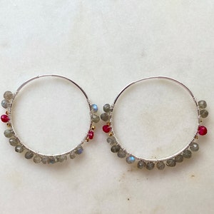 Labradorite and Ruby Hoops Sterling Silver, Bridal hoops, gem hoops, minimalist earrings , gifts for her , Valentine’s Day gift