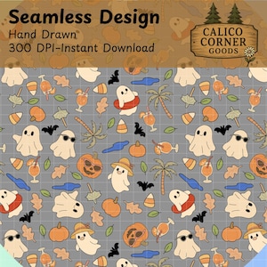 Summerween Gray Ghost Seamless Pattern Summer Halloween Digital Paper Fabric Palm Tree Swim Bats Spooky Fun Pumpkin Jack O Lantern Leaves