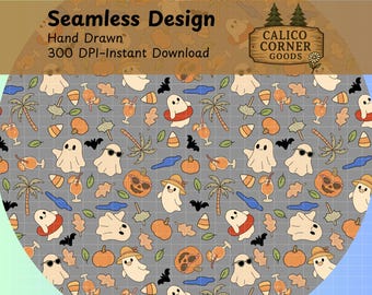 Summerween Gray Ghost Seamless Pattern Summer Halloween Digital Paper Fabric Palm Tree Swim Bats Spooky Fun Pumpkin Jack O Lantern Leaves