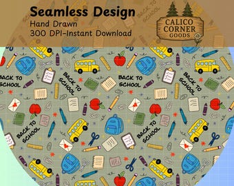 Back To School Teacher Seamless Pattern School Bus Digital Papers Fabric Designs Backpack Blue Pencils School Supplies Classroom Apple Paper