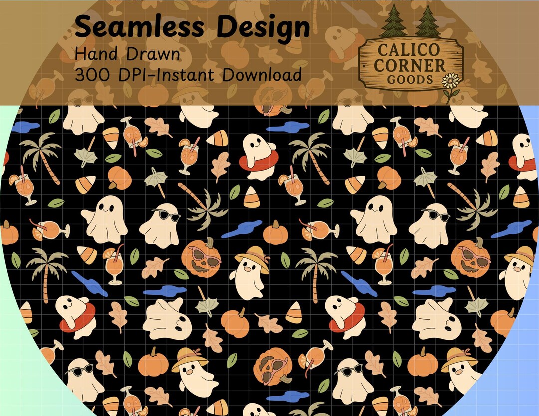 Summerween Black Ghost Seamless Pattern Summer Halloween Digital Paper ...
