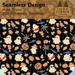 Summerween Black Ghost Seamless Pattern Summer Halloween Digital Paper Fabric Palm Tree Swim Bats Spooky Fun Pumpkin Jack O Lantern Leaves