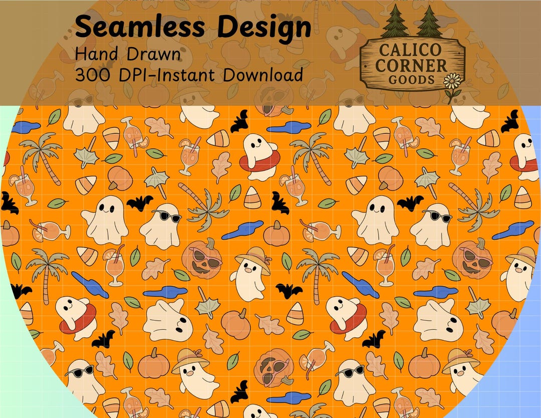 Summerween Orange Ghost Seamless Pattern Summer Halloween Digital Paper ...