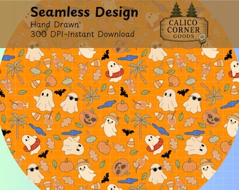 Summerween Orange Ghost Seamless Pattern Summer Halloween Digital Paper Fabric Palm Tree Swim Bats Spooky Fun Pumpkin Jack O Lantern Leaves