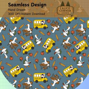 De volta às aulas, ganso azul, padrão sem costura, gansos, professor, papéis digitais, designs de tecido, mochila de motorista de ônibus escolar da Apple, livros, carteira escolar