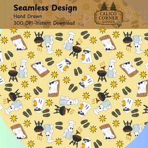 Bbq Ghost Summerween Seamless Pattern Summer Digital Papers Fabric Designs Swimming Ghost Fabric Spooky Summer Barbecue Sausages Flip Flops