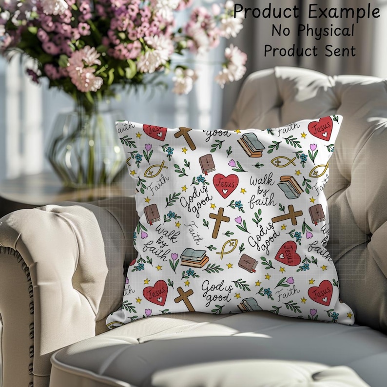 May include: White square throw pillow with a repeating pattern of crosses, hearts, books, and fish symbols. The pillow features the phrases "God is good", "Walk by faith", and "Jesus". The design includes floral and star accents.