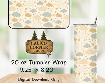 Boho Dreamy Clouds 20oz Skinny Tumbler Wrap Beige Straight Wrap PNG Sublimation 300 DPI Stars Moons Clouds Taupe Clouds Cozy Neutral Tumbler