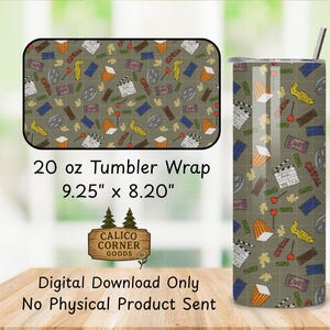 Movie Night Popcorn 20oz Skinny Tumbler Wrap Straight Wrap PNG Candy Gum PNG Sublimation 300 DPI Snacks Movies Film Roll Cinema Tumbler
