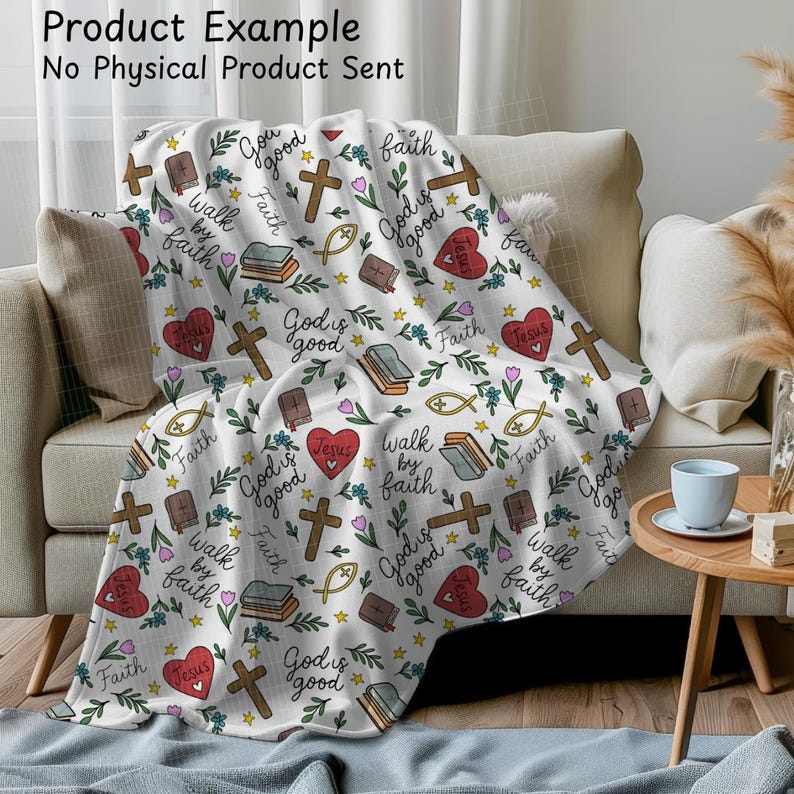May include: A white throw blanket with a repeating pattern of crosses, hearts, books, and fish symbols. The blanket also features the phrases "God is good," "Walk by faith," and "Jesus." The blanket is draped over a beige couch.
