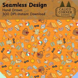 May include: Orange seamless design with hand-drawn illustrations of summer picnic items. Includes tents, kites, sunglasses, watermelon slices, beach balls, and picnic baskets. The text "FUN IN SUN" is repeated throughout the design. The words "Seamless Design" and "Hand Drawn" are also present.