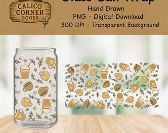 Cozy Coffee Frappuccino Iced Coffee 16oz Glass Can Wrap 20oz 300 DPI PNG UVDTF Sublimation Printed Vinyl Transparent Cup Wrap Coffee Beans