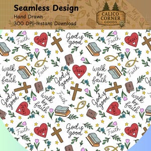 God Is Good Faith Cross Seamless Pattern Heart Digital Paper Fabric Design Christian Love Bible Jesus Grace White & Transparent Background
