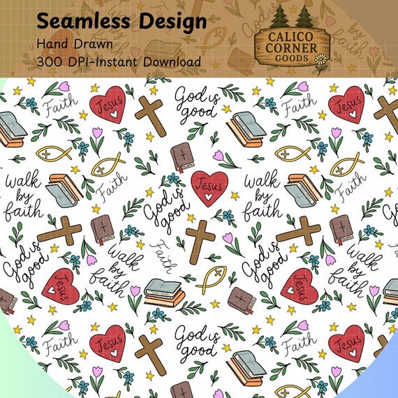 God Is Good Faith Cross Seamless Pattern Heart Digital Paper Fabric Design Christian Love Bible Jesus Grace White & Transparent Background