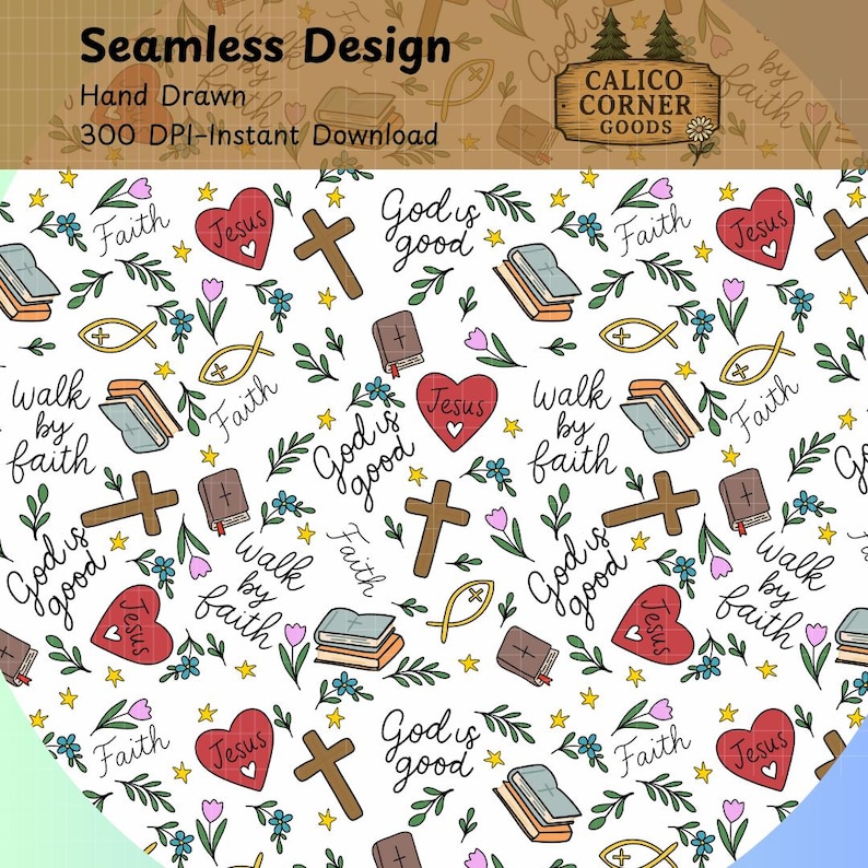 May include: Seamless design with hand-drawn religious symbols including crosses, hearts with "Jesus" text, books, and fish symbols. The words "God is good", "Faith", and "Walk by faith" are also included. The design is on a white background.